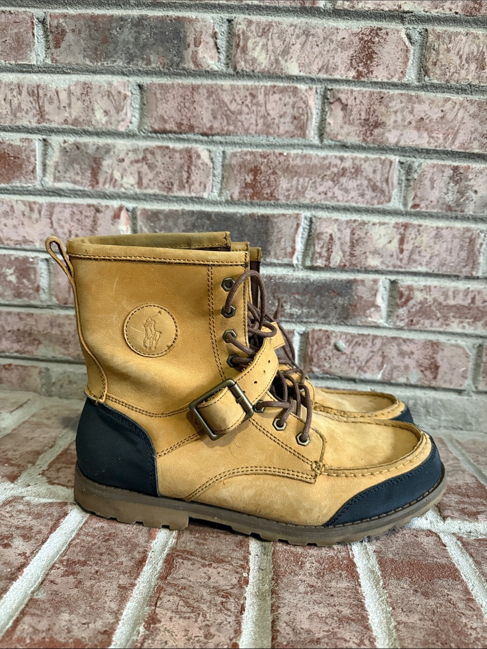 Ralph Lauren Tan and Black Leather Lace-Up Buckle Boots size 9.5